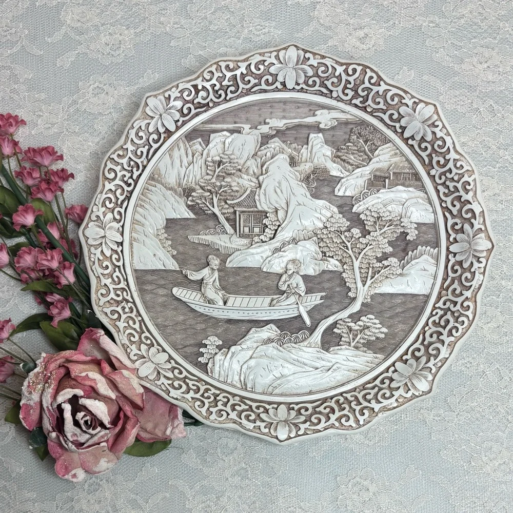 Vintage Asian Plate Ivory Dynasty Carved Art Sculpture Vintage Picture Plate